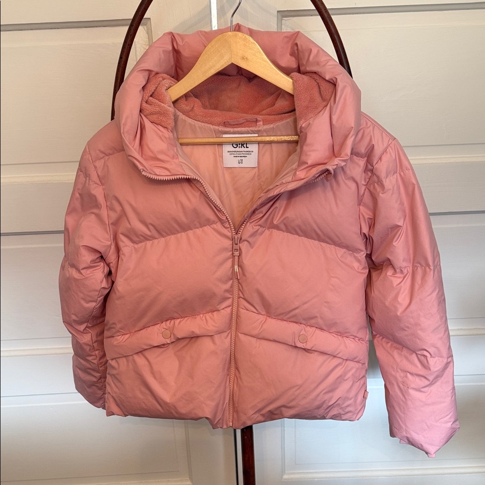 Athleta girl Pink Puffer Jacket Hooded Cropped Lightweight Fits L size 12